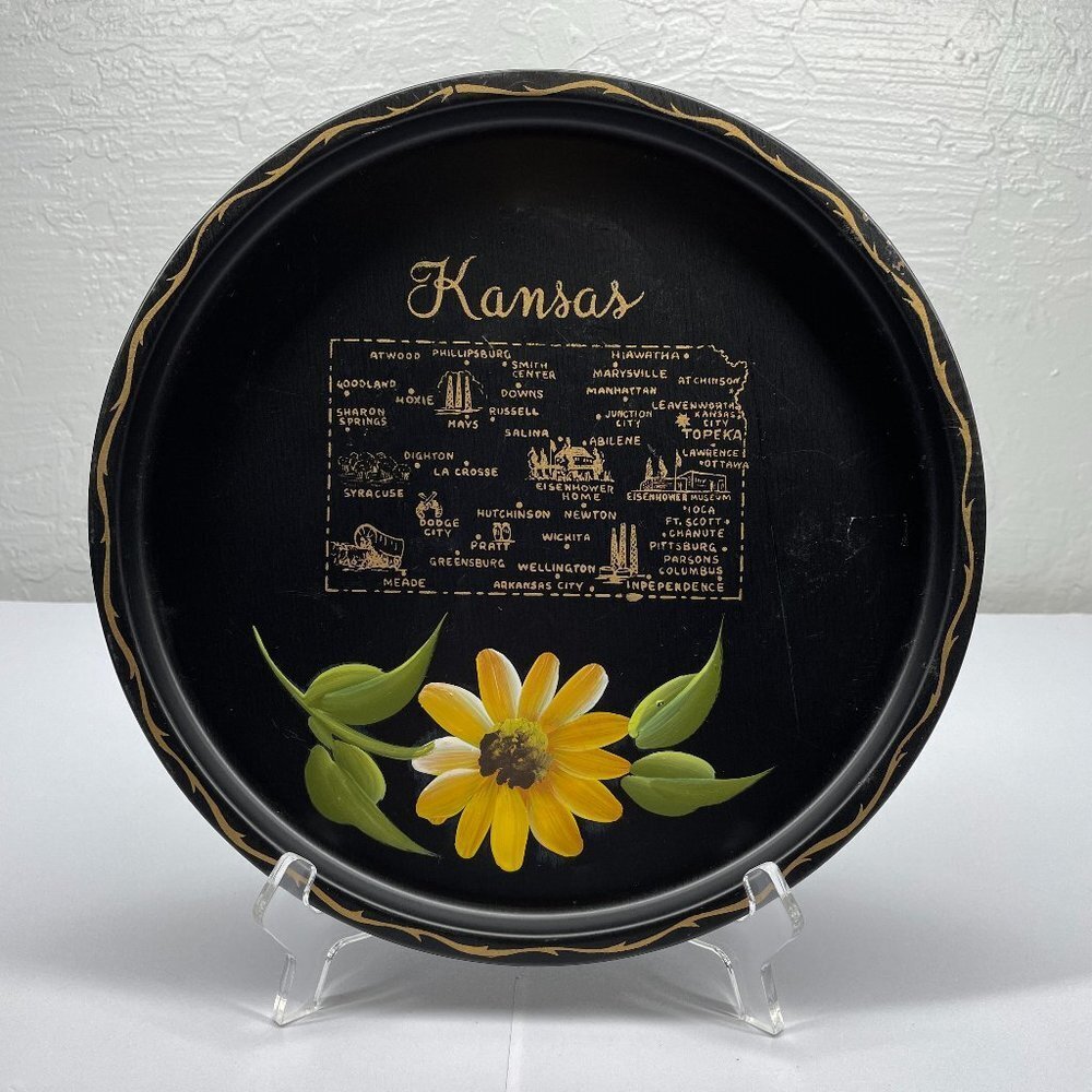 Vintage State of Kansas Souvenir Tray Gold Metal Travel Sunflower Handpainted